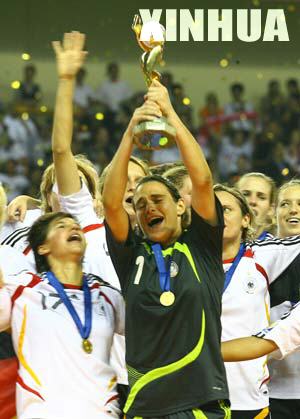 Players of Germany celebrate the victory during the awarding ceremony after the final of the 2007 FIFA Women's World Cup in Shanghai, east China, on Sept. 30, 2007. Germany won the champion after beating Brazil 2-0.