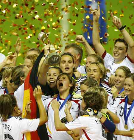 Germany broke the jinx to become the first team to retain the Women's World Cup title after beating Brazil 2-0 in the final here on Sunday.